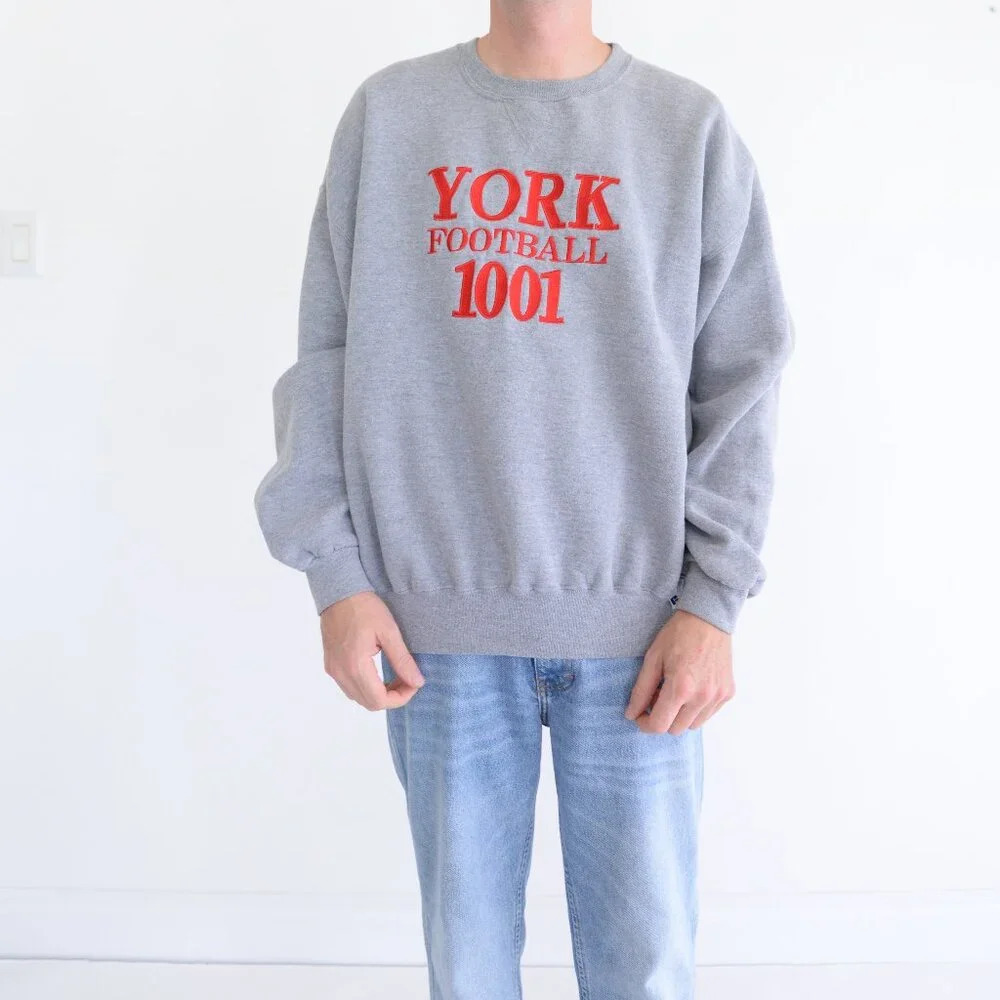 VTG Russell Athletic York Football 1001 Embroidered Gray Crew Neck Sweater XXL